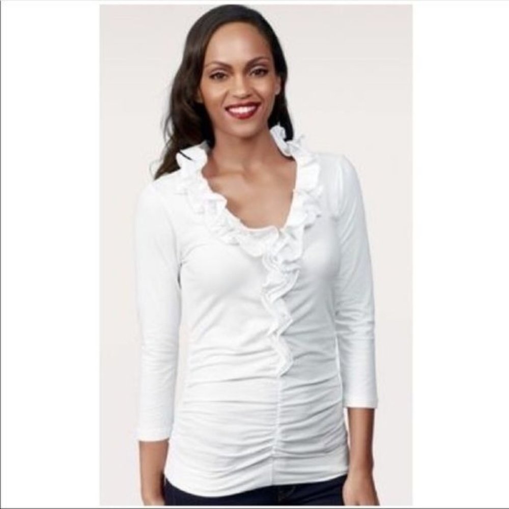 Small CAbi VGUC White Ruffle Anytime Tee Knit Ruched Long Sleeve Top Style 862